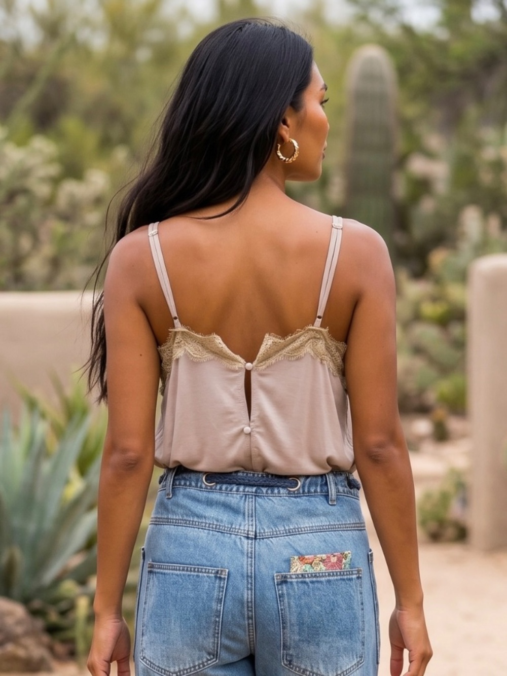 POL Beige Lace Trim V Neck Cami Top | Back Button Layering Tank - Picture 5 of 5